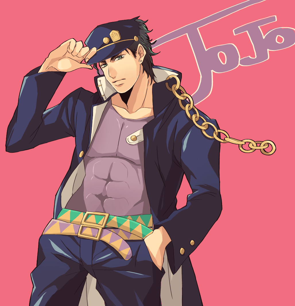 1boy, adjusting_clothes, adjusting_hat, black_hair, gakuran, hand_in_pocket, hat, jojo_no_kimyou_na_bouken