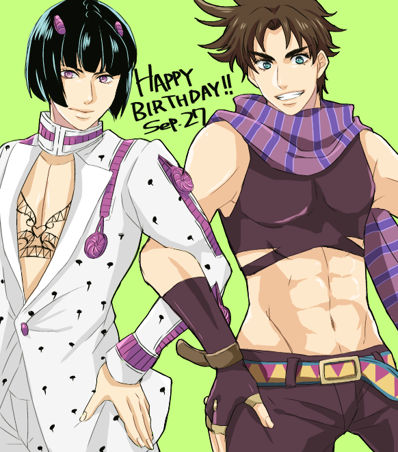 2boys, black_hair, blue_eyes, bob_cut, brown_hair, bruno_bucciarati, dated, fingerless_gloves