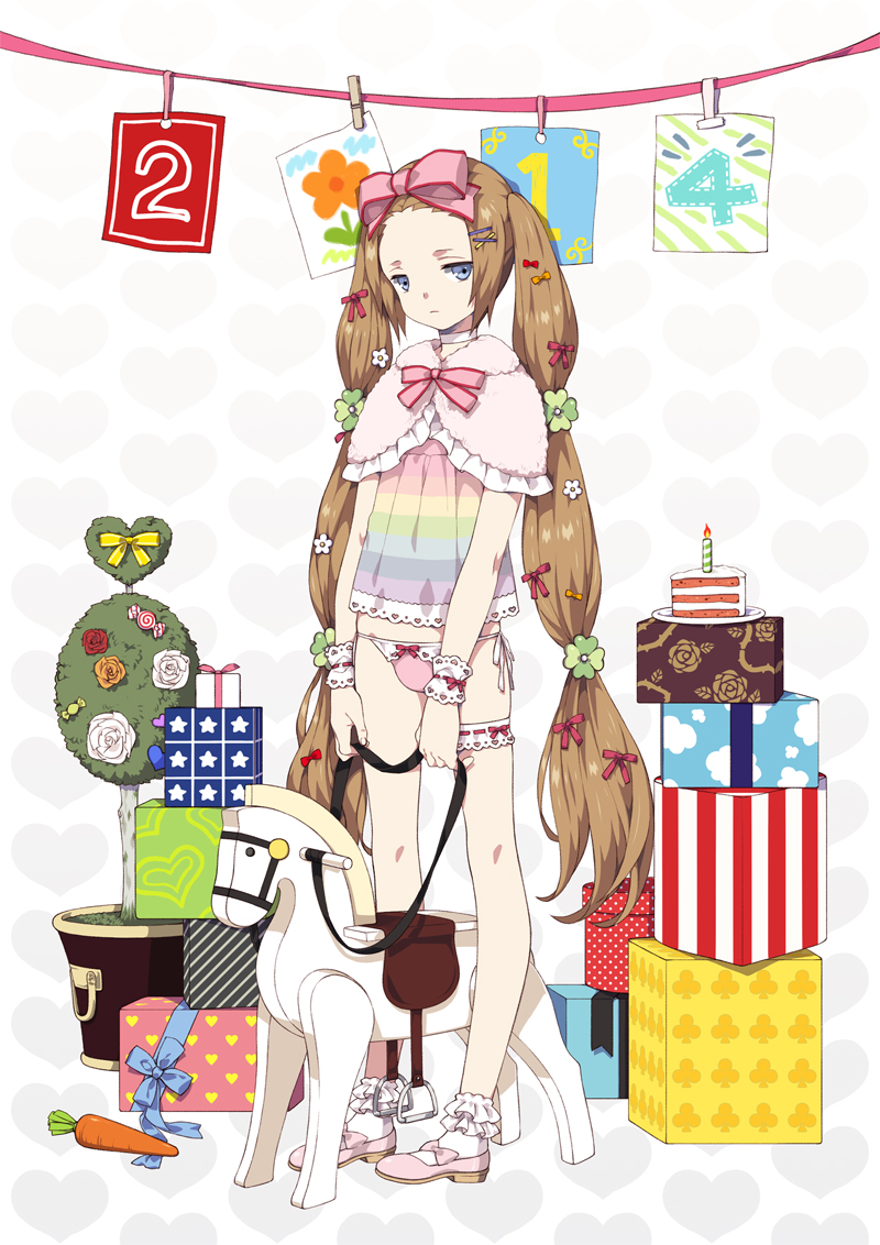 1boy, 2014, blue_eyes, bow, cake, candle, capelet, carrot