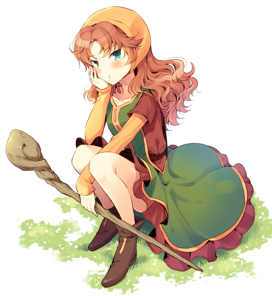 1girl, :t, blue_eyes, blush, brown_hair, dragon_quest, dragon_quest_vii, komi_zumiko