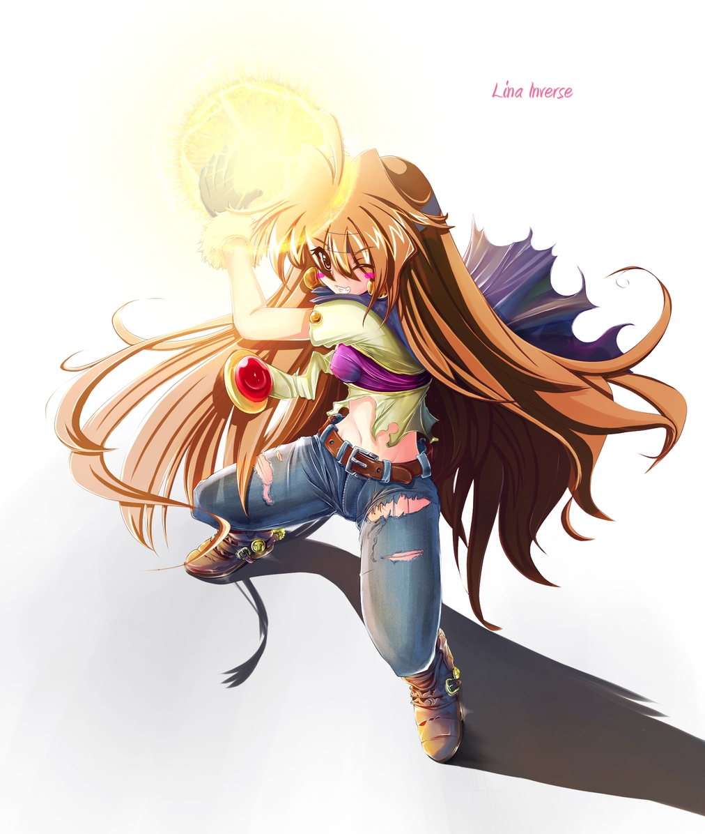 1girl, ahoge, alternate_costume, belt, blue_barret, blush, boots, cape, character_name, earrings, grin, jewelry, lina_inverse, long_hair, magic, midriff, orange_eyes, orange_hair, pants, shadow, shirt, slayers, smile, solo, torn_clothes, white_background, wink