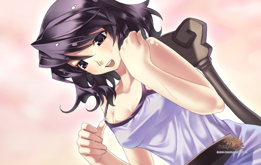 1girl, 2010, agarest_senki, agarest_senki_(series), black_eyes, black_hair, blouse, company_name