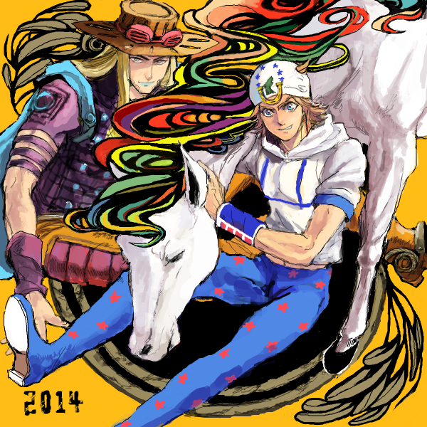 2boys, blonde_hair, drawr, gyro_zeppeli, hat, horse, johnny_joestar, jojo_no_kimyou_na_bouken, lipstick, makeup, multiple_boys, sikakukaku, steel_ball_run