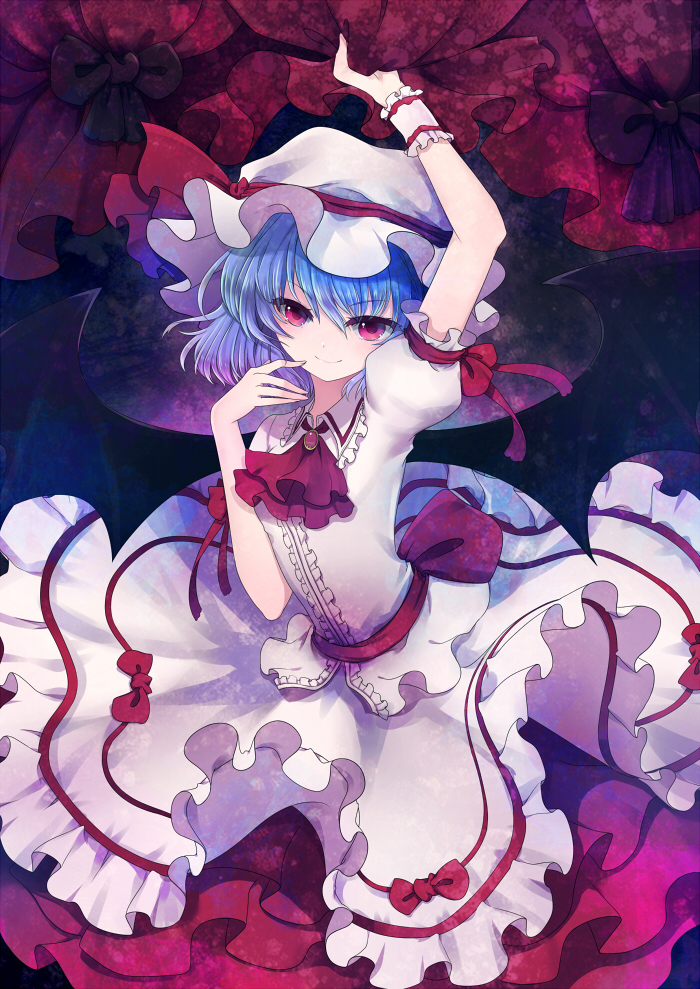 1girl, arm_up, ascot, bat_wings, blue_hair, brooch, curtain_grab, curtains, finger_to_face, frilled_skirt, frills, gradient, gradient_background, hat, hat_ribbon, jewelry, ling_(sroin), looking_at_viewer, mob_cap, puffy_short_sleeves, puffy_sleeves, red_eyes, remilia_scarlet, ribbon, short_hair, short_sleeves, skirt, skirt_set, smile, solo, touhou, wings, wrist_cuffs