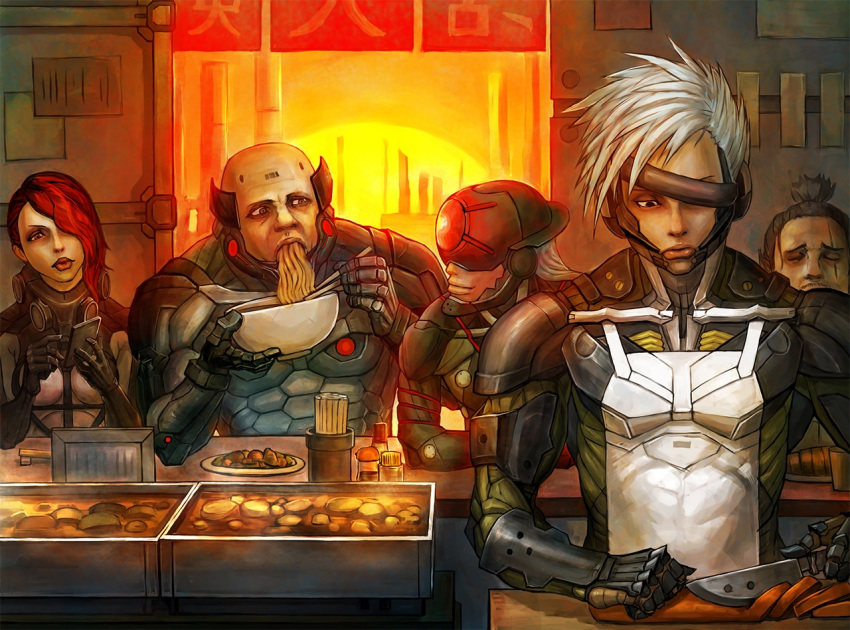 1girl, 4boys, black_hair, cooking, cyborg, food, metal_gear_rising:_revengeance, mistral_(metal_gear_rising)