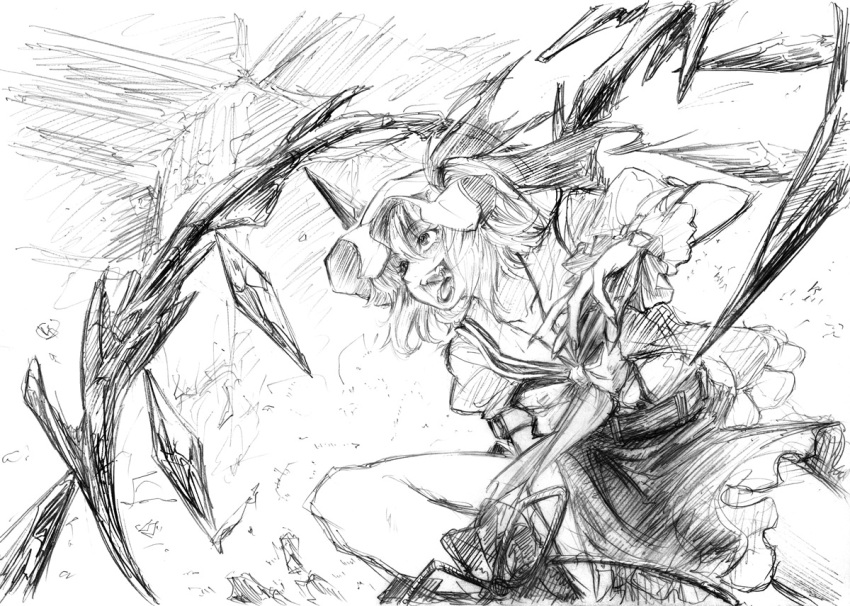 crazy_eyes, fangs, flandre_scarlet, fumei, hat, imizu_(nitro_unknown), monochrome, ribbon