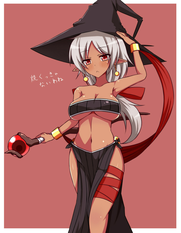 1girl, :<, bandeau, blush, breasts, dark_skin, earrings, haniwagi_(hal), hat, jewelry, large_breasts, loincloth, navel, original, pointy_ears, red_eyes, solo, staff, underboob, white_hair, witch_hat, wristband