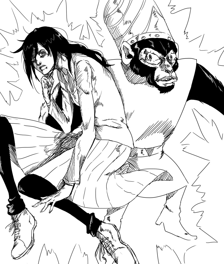 1girl, absurdres, animal, ape, araki_hirohiko_(style), blazer, crossover, drawfag