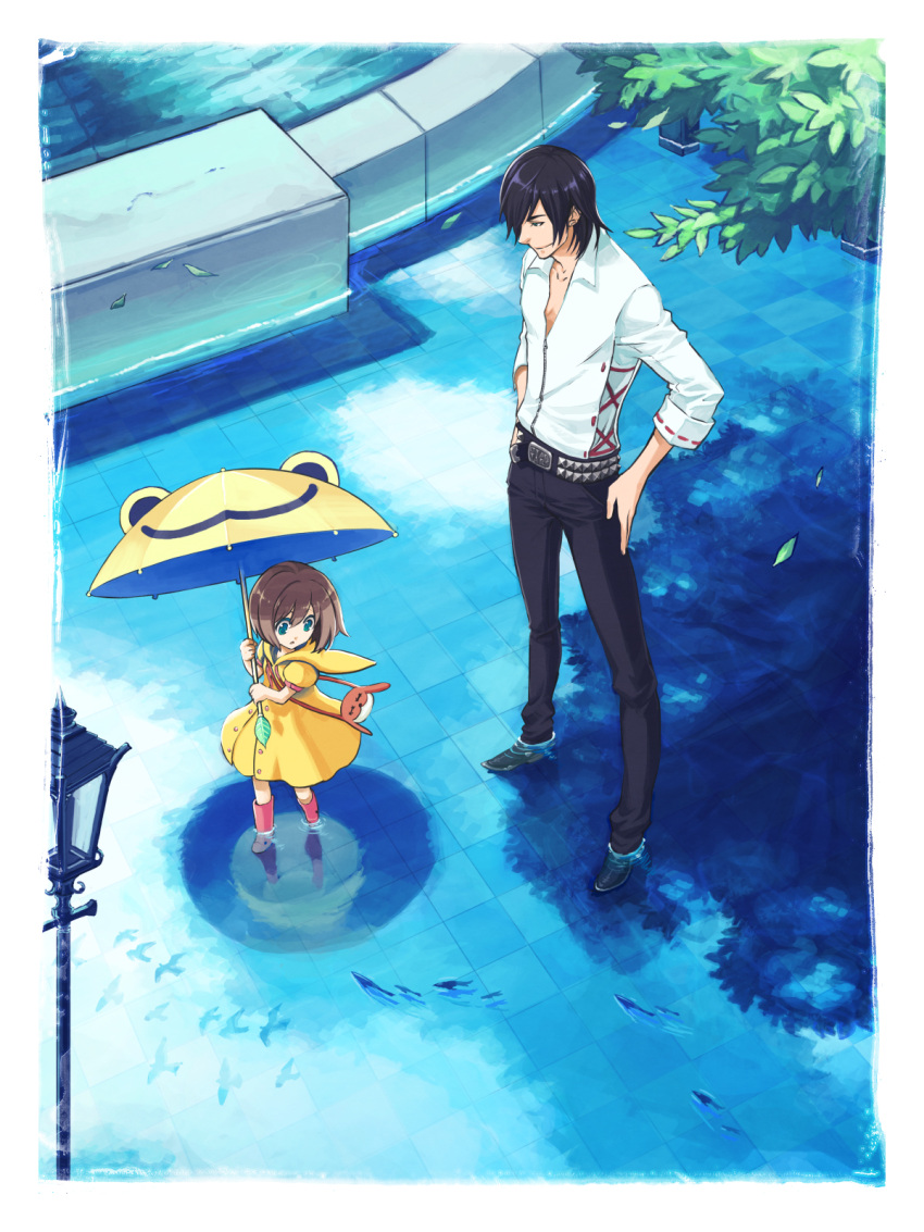 highres, male, original, reflection, umbrella, water, yuzukarin