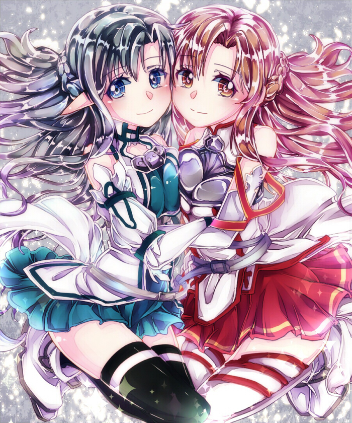 2girls, asuna_(sao), asuna_(sao-alo), blue_eyes, blue_hair, breastplate, brown_eyes, brown_hair