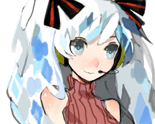 1girl, blue_eyes, blue_hair, cakeoflime, hair_ribbon, hatsune_miku, headphones, headset