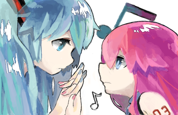 2girls, blue_eyes, blue_hair, cakeoflime, eye_contact, hatsune_miku, holding_hands, interlocked_fingers