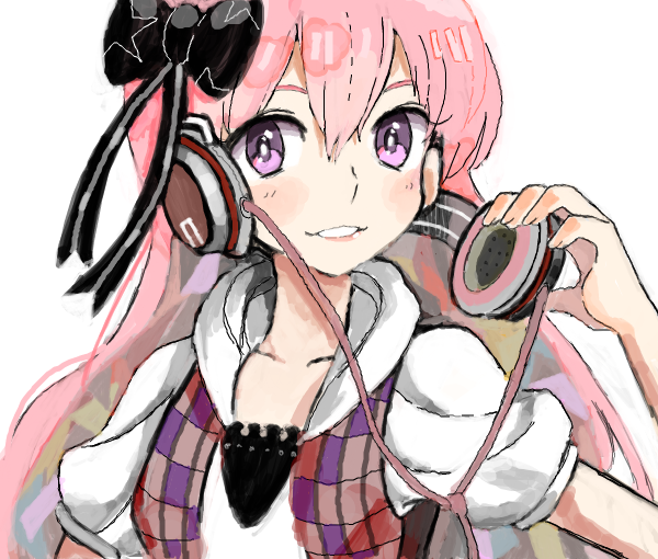1girl, blush, bow, cakeoflime, hair_bow, hand_on_headphones, headphones, hoodie