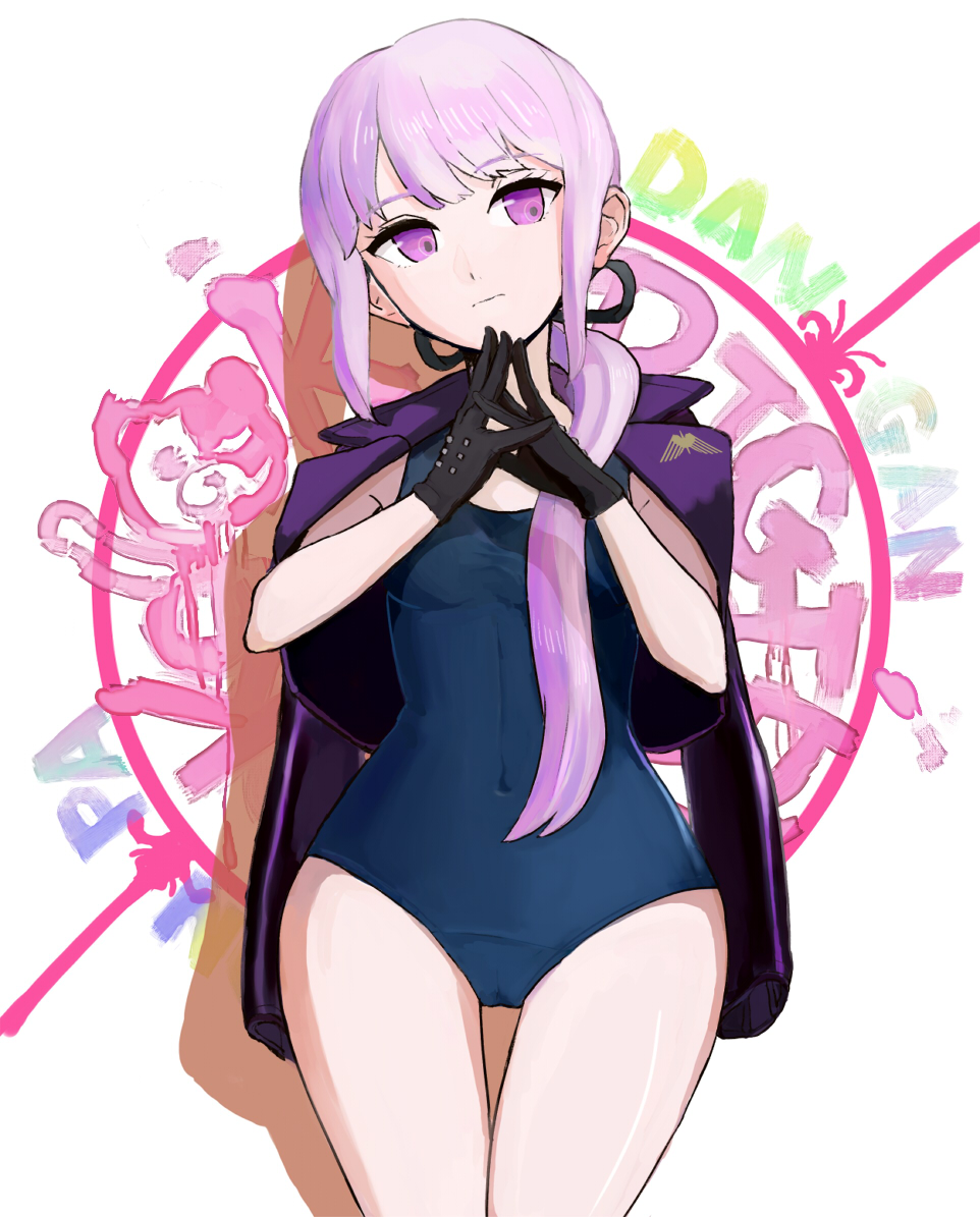 1girl, black_gloves, dangan_ronpa, gloves, hair_ribbon, jacket_on_shoulders, kirigiri_kyouko, long_hair