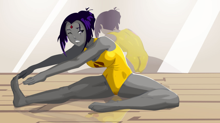 1girl, alternate_costume, ass, barefoot, bob_cut, breasts, dc_comics, exercise