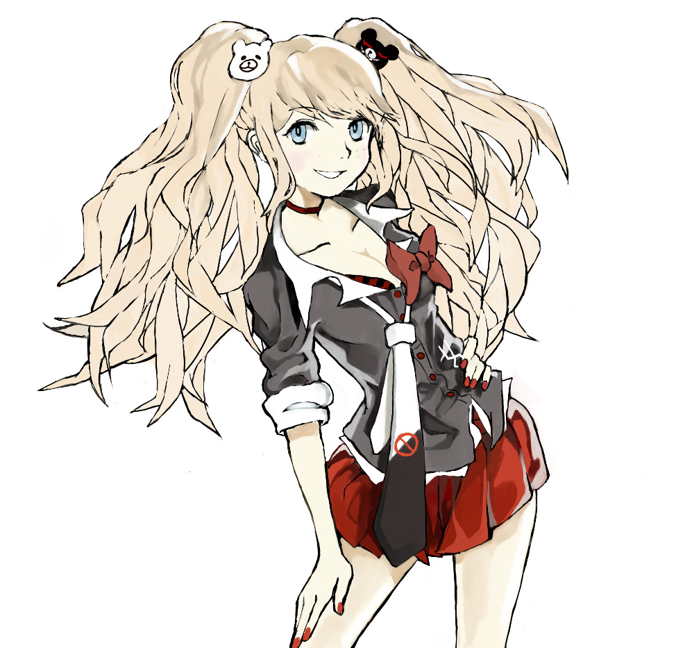 1girl, bear_hair_ornament, blue_eyes, blush, cakeoflime, choker, contrapposto, dangan_ronpa