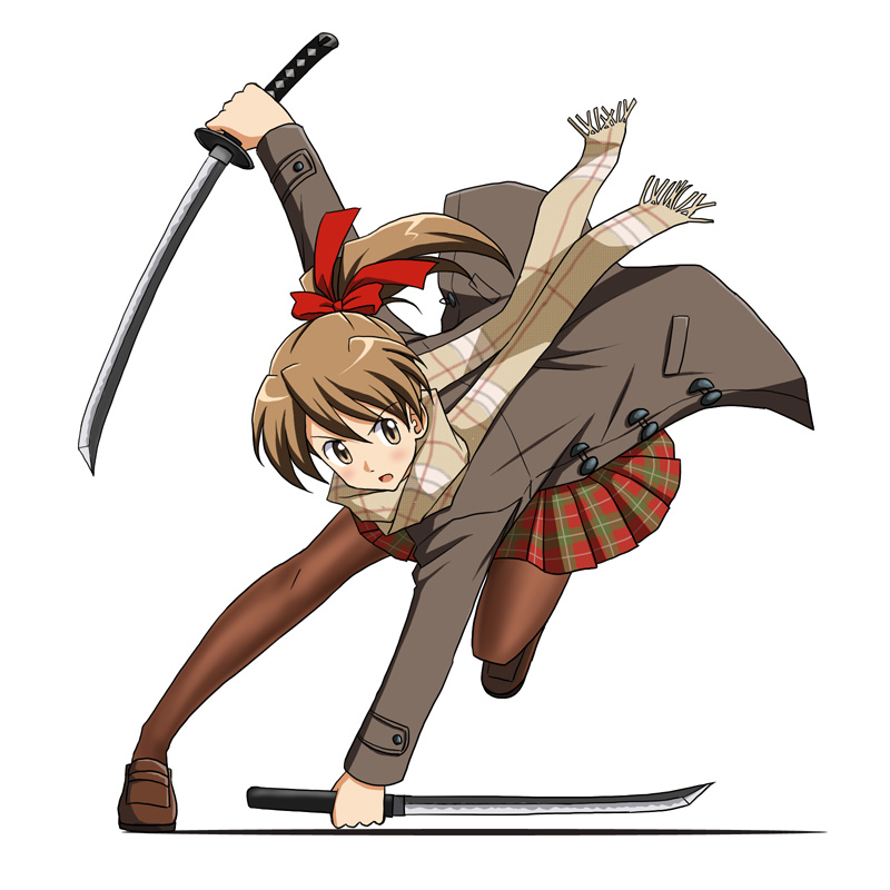 1girl, bent_over, black_legwear, blush, bow, brown_eyes, brown_hair, coat