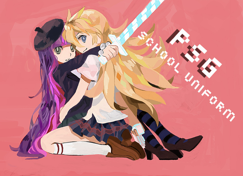 2girls, alternate_costume, bangs, beret, blonde_hair, blue_eyes, bracelet, cakeoflime, green_eyes, hat, high_heels, hug, jewelry, loafers, long_hair, multiple_girls, panty_&amp;_stocking_with_garterbelt, panty_(psg), pantyhose, pink_hair, pleated_skirt, purple_hair, school_uniform, shoes, skirt, socks, stocking_(psg), striped, striped_legwear, sword, weapon