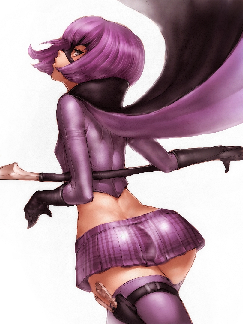 1girl, ass, cape, fumio_(rsqkr), gloves, hit-girl, kick-ass, knife