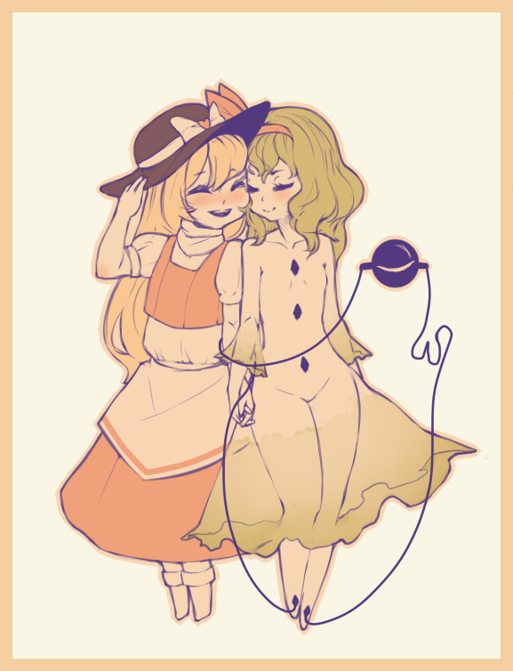 2girls, alternate_hair_length, alternate_hairstyle, apron, blonde_hair, cheek-to-cheek, closed_eyes, dizmathik