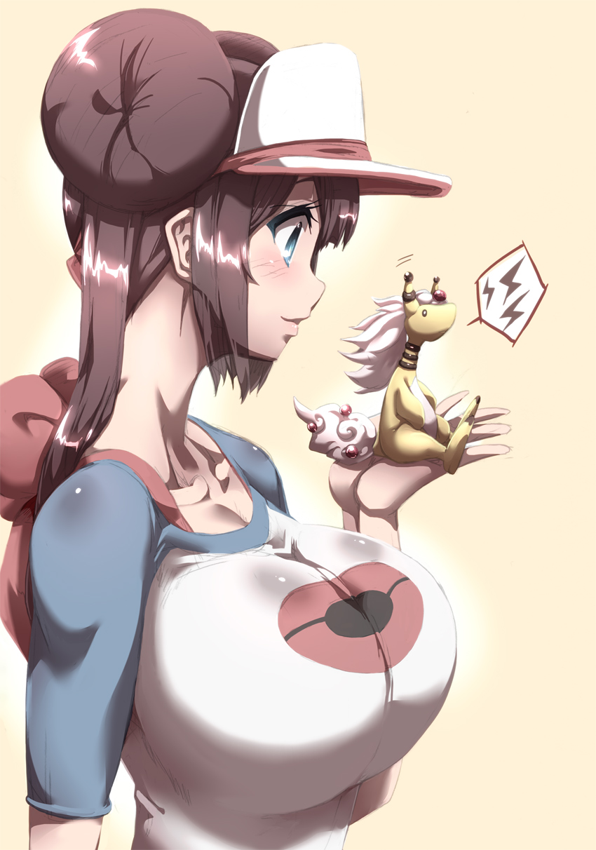 1girl, ampharos, blue_eyes, blush, breasts, brown_hair, double_bun, highres, huge_breasts, long_hair, mega_pokemon, mei_(pokemon), miniature, pokemon, pokemon_(creature), pokemon_(game), pokemon_bw2, raglan_sleeves, solo, tokyo_(great_akuta), visor_cap