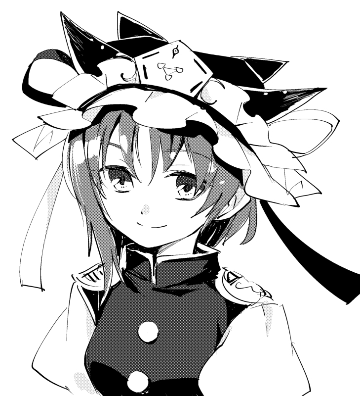 1girl, hat, makuwauri, monochrome, raitng:s, shikieiki_yamaxanadu, short_hair, solo