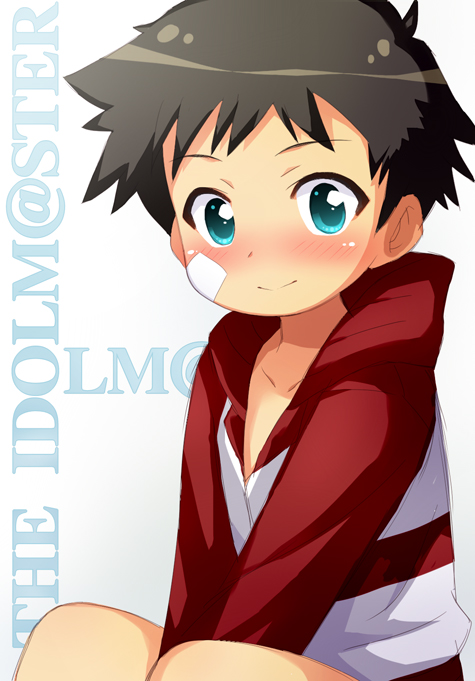 1boy, bandages, black_hair, blush, copyright_name, hoodie, idolmaster, male