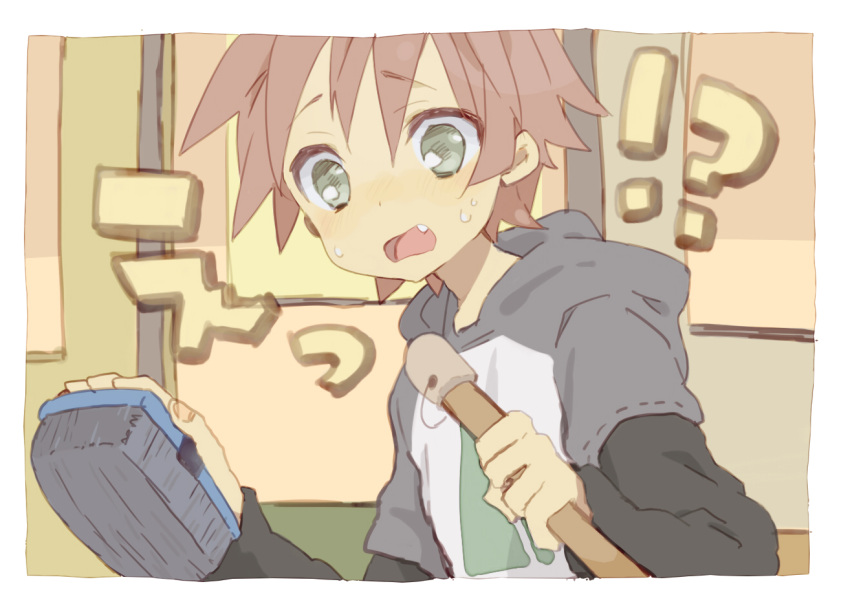 !?, 1boy, blush, brown_hair, eraser, fang, green_eyes, hoodie