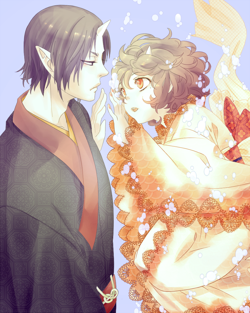 1boy, 1girl, black_hair, brown_hair, hanayama321, hoozuki_(hoozuki_no_reitetsu), hoozuki_no_reitetsu, horn
