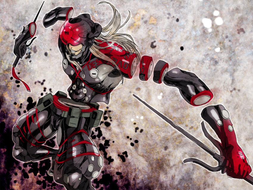 1boy, 7gou, cyborg, disembodied_limb, grey_hair, long_hair, magnet, mask, metal_gear_rising:_revengeance, monsoon_(metal_gear_rising), sai_(weapon), silver_hair, solo, white_hair