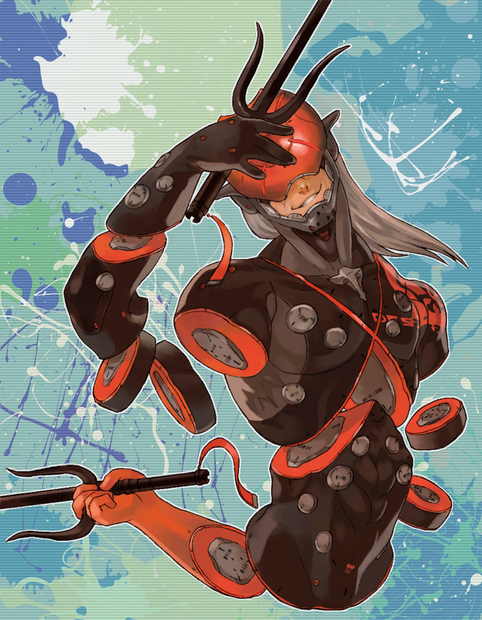 1boy, cyborg, disembodied_limb, grey_hair, long_hair, magnet, metal_gear_rising:_revengeance, monsoon_(metal_gear_rising), sai_(weapon), silver_hair, solo, ushio_(siriuspika)