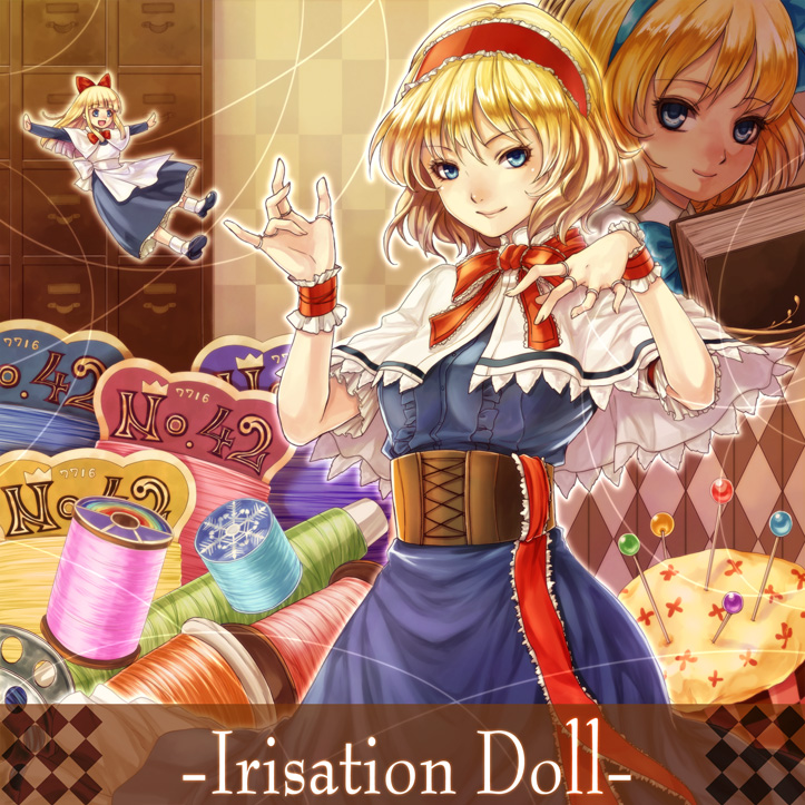 2girls, alice_margatroid, alice_margatroid_(pc-98), apron, blonde_hair, blush, book, bow, breasts, corset, doll, dress, hair_bow, lips, long_hair, multiple_girls, natsume_k, needle, sash, sewing, shanghai_doll, short_hair, spool, string, text, thread, touhou