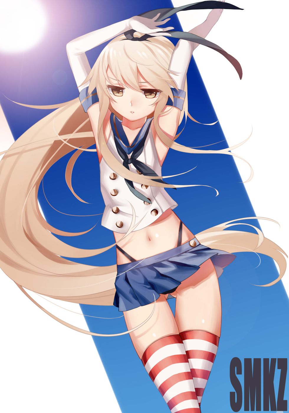 1girl, arms_up, aya_(547972106), blonde_hair, elbow_gloves, gloves, hairband, highres
