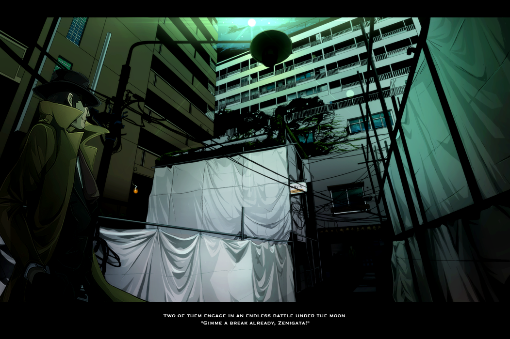 cityscape, english, glow, glowing, light, lights, lupin_iii, moon, nasubi_(pixiv), nasubi_(w.c.s), power_lines, scenery, sideburns, sign, solo, zenigata_kouichi