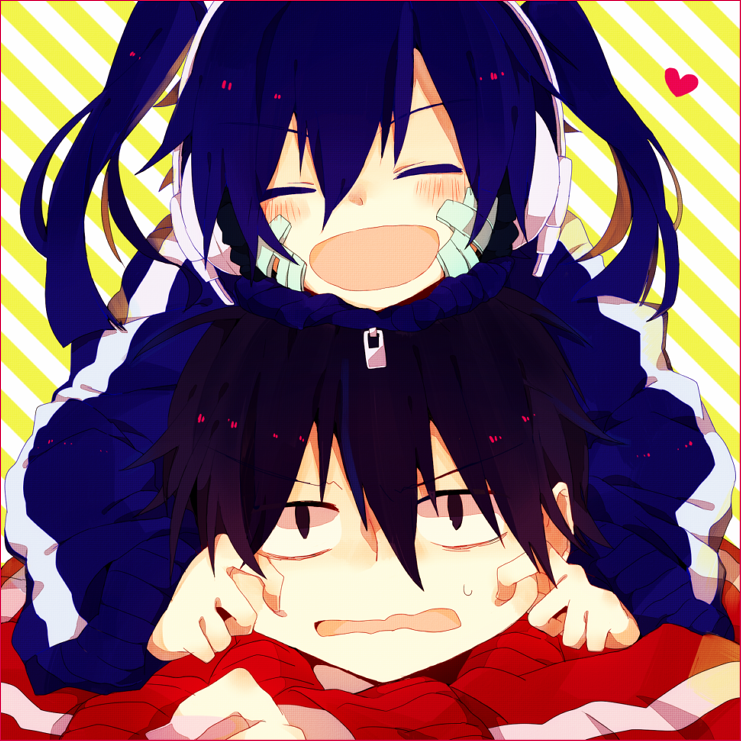 1boy, 1girl, black_hair, blue_hair, blush, cheek_pull, closed_eyes, ene_(kagerou_project)