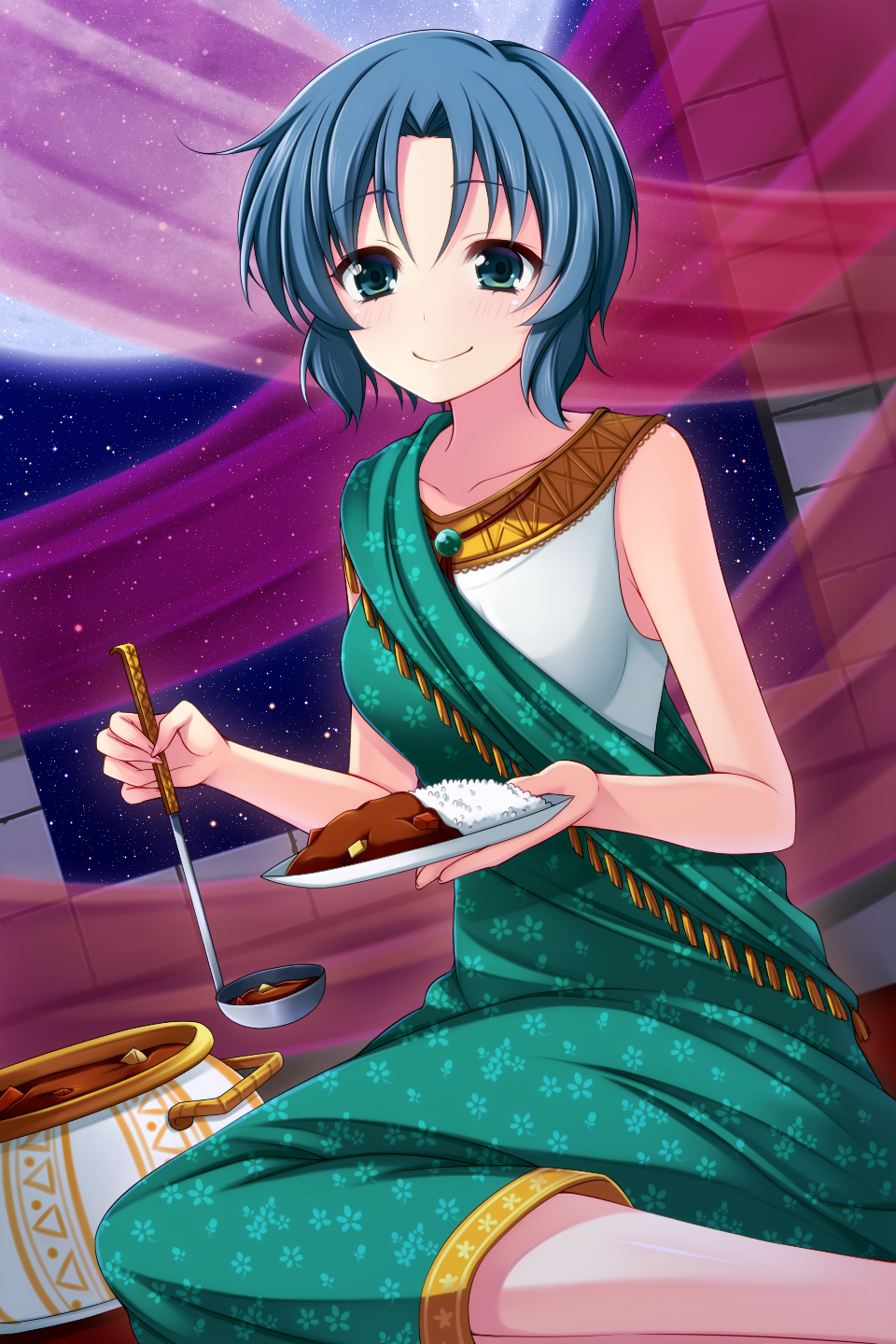 1girl, blue_eyes, blue_hair, chie_rumiko, curry, female, food, highres
