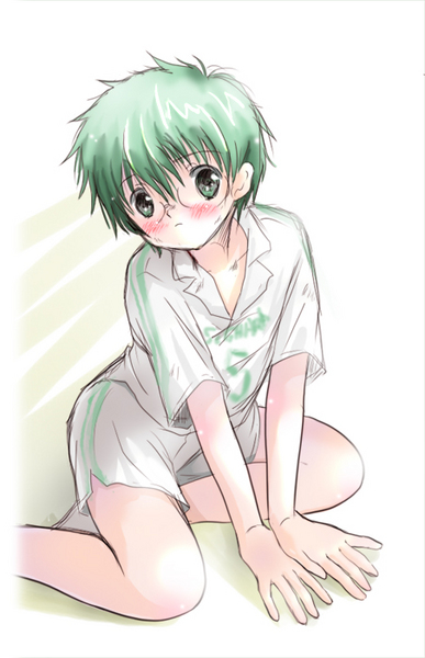 1boy, blush, boy, character_request, glasses, green_eyes, green_hair, gym_clothes