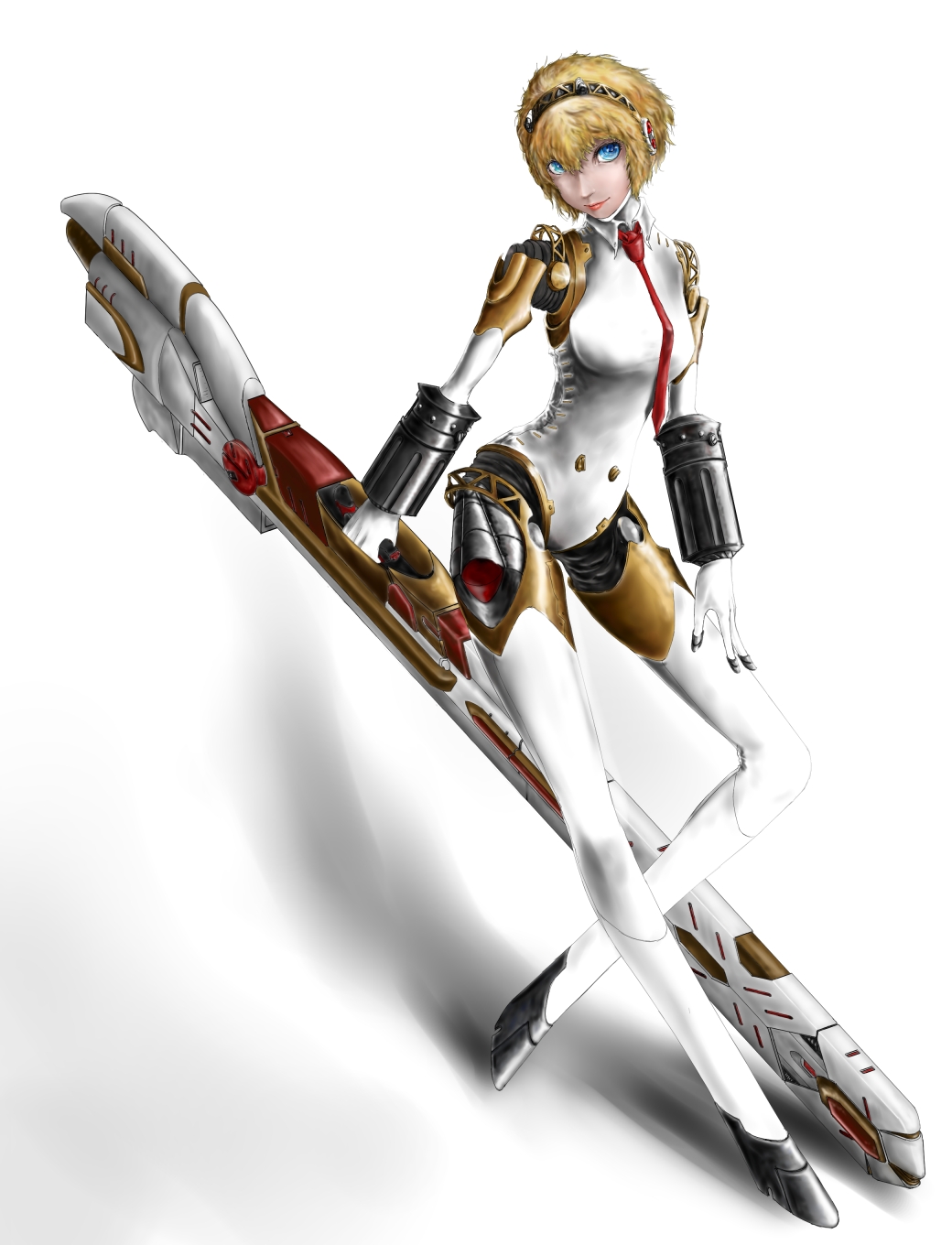 1girl, aegis, android, blonde_hair, blue_eyes, breasts, contrapposto, gun