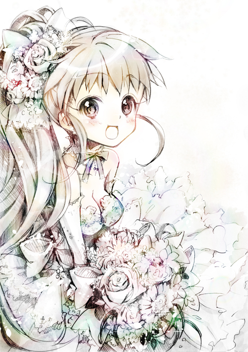 1girl, :d, asumi_kana, blush, bouquet, bow, breasts, bride