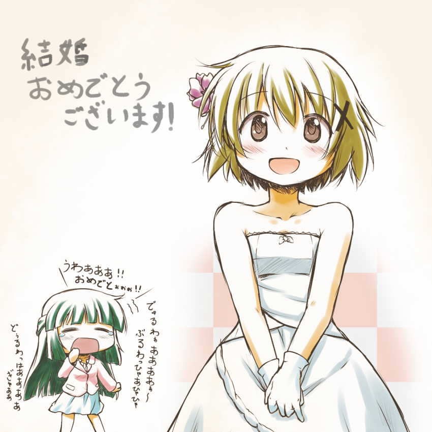 2girls, :d, asumi_kana, bare_shoulders, blush, bride, brown_eyes, brown_hair