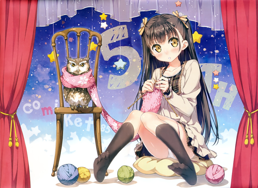 1girl, absurdres, bird, black_legwear, blush, brown_hair, collarbone, dress, feet, fingernails, hair_ribbon, highres, huge_filesize, kantoku, kneehighs, knees_together_feet_apart, knitting, knitting_needle, long_fingernails, long_hair, nagisa_(kantoku), no_shoes, open_mouth, original, owl, panties, pantyshot, pantyshot_(sitting), plaid, ribbon, sitting, sleeves_past_wrists, solo, two_side_up, underwear, white_panties, yarn_ball, yellow_eyes