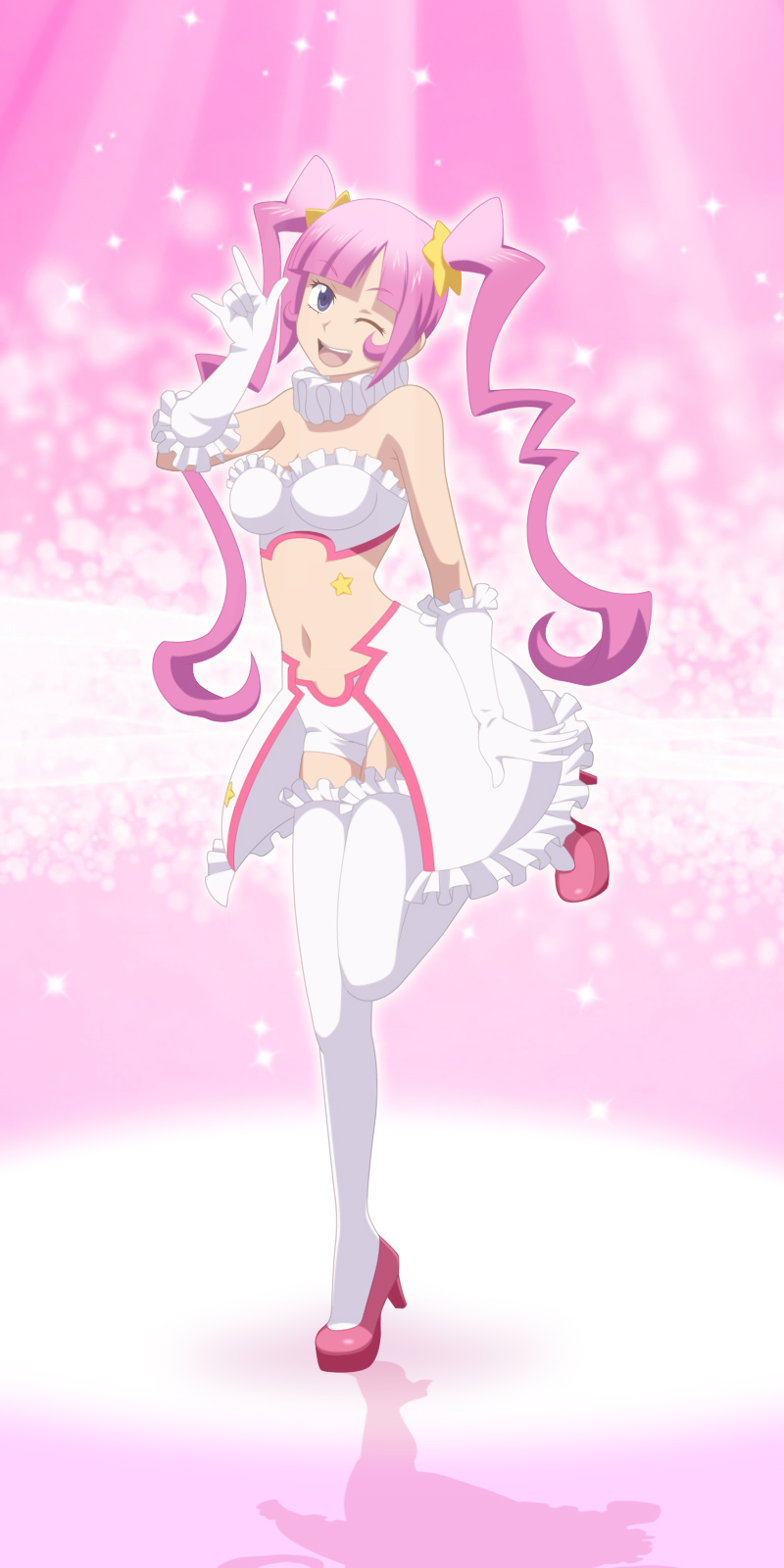 1girl, bare_shoulders, blush, breasts, collar, elbow_gloves, gloves, gundam, gundam_build_fighters, highres, kirara_(gundam_bf), leg_up, long_hair, midriff, navel, open_mouth, pink_hair, smile, smile_(rz), solo, star, sticker, thighhighs, twintails, violet_eyes, waving, white_gloves, white_legwear, wink