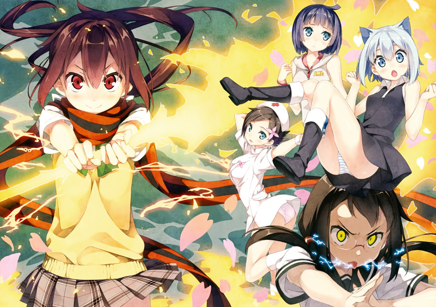 >:), 5girls, :<, :o, absurdres, ahoge, animal_ears, ass