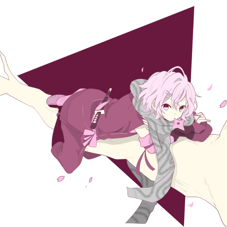 1boy, cherry_blossoms, gloves, grey_eyes, male, mikado_nagi, ninja, pink_hair, pomeko, scarf, short_hair, shuriken, solo, sword, tree, uta_no_prince-sama, uta_no_prince-sama_maji_love_2000_percent, weapon