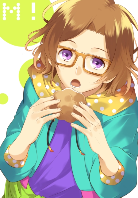 1boy, brown_hair, cream_puff, eating, food, hachimine_takuma, hoodie, male, glassesbu!, open_mouth, short_hair, solo, una, violet_eyes