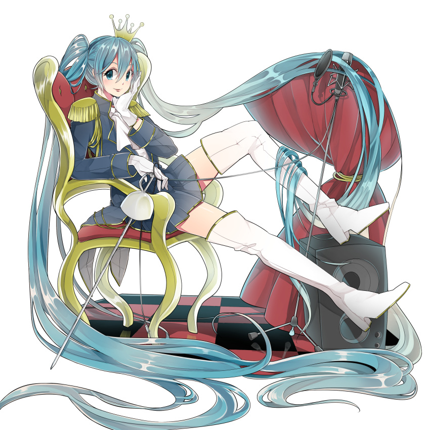 1girl, absurdly_long_hair, absurdres, aqua_eyes, aqua_hair, boots, checkered, checkered_floor
