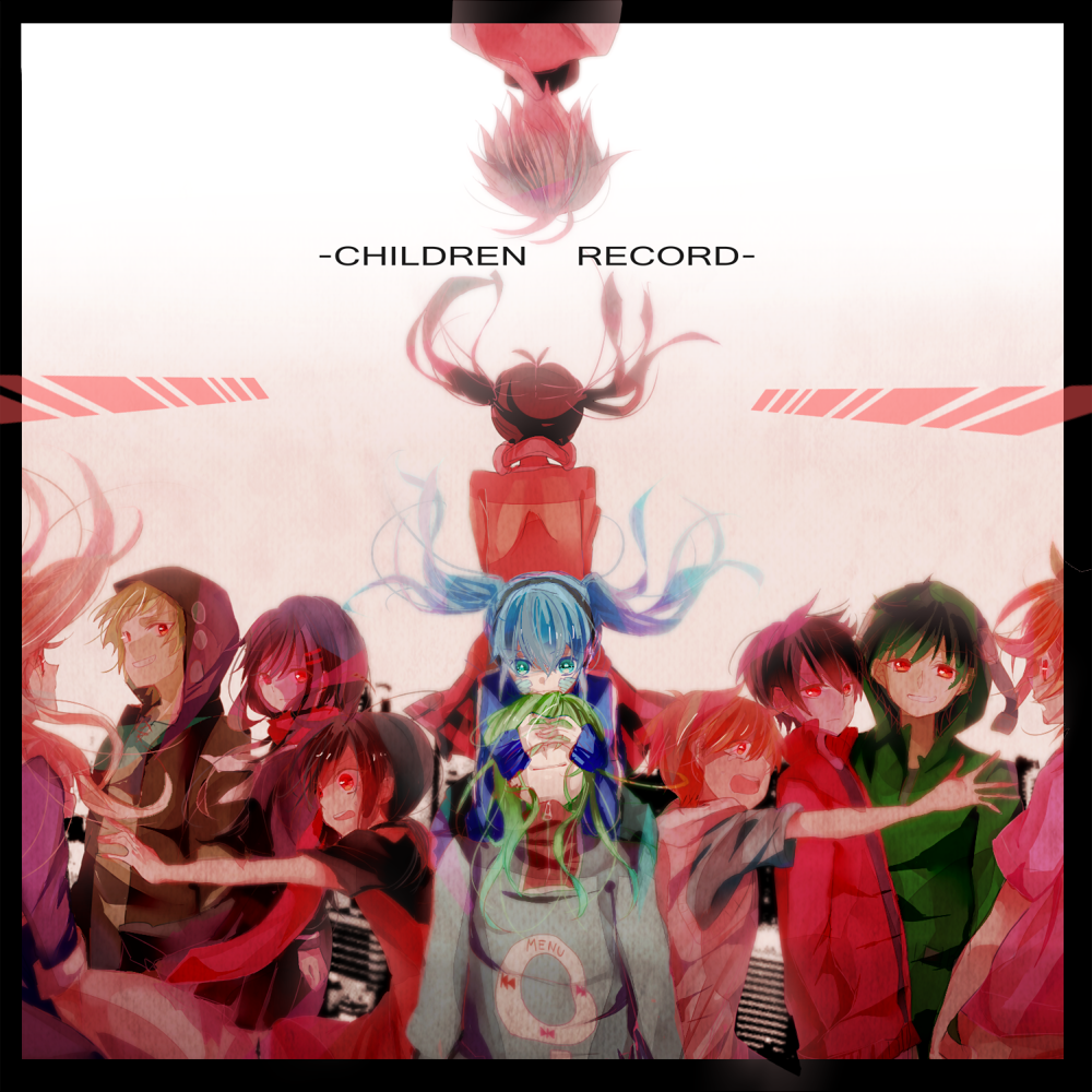 amamiya_hibiya, asahina_hiyori, black_hair, blonde_hair, blue_hair, children_record_(vocaloid), covering_eyes, dual_persona, ene_(kagerou_project), enomoto_takane, green_hair, headphones, hoodie, jacket, kagerou_project, kano_shuuya, kido_tsubomi, kisaragi_momo, kisaragi_shintarou, konoha_(kagerou_project), kozakura_mary, long_hair, reaching, red_eyes, scarf, seto_kousuke, shiratama_anzu, short_hair, tateyama_ayano, twintails, white_hair