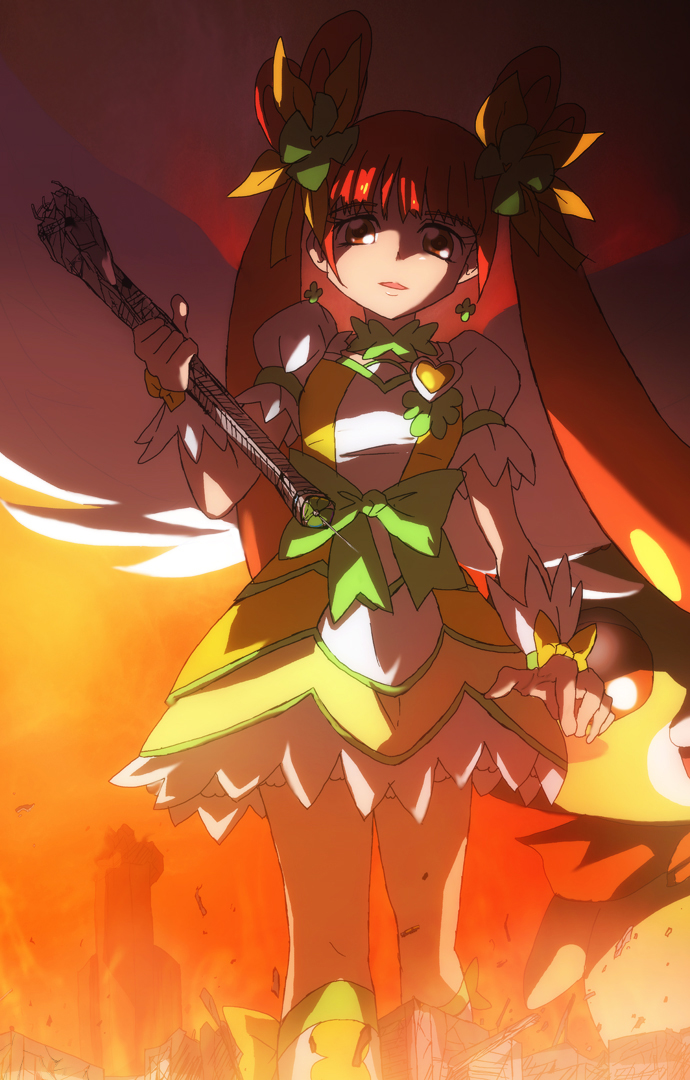 1girl, brown_eyes, brown_hair, building, cure_rosetta, destruction, dokidoki!_precure, fire, futa-futa, giantess, long_hair, looking_at_viewer, magical_girl, precure, solo, twintails, wrist_cuffs, yotsuba_alice