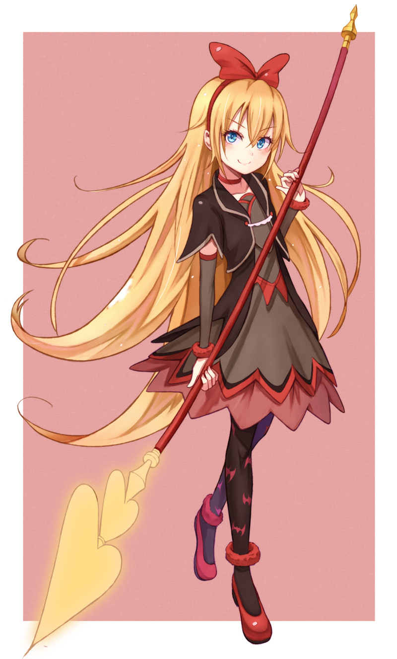 1girl, bat_print, blonde_hair, blue_eyes, blush, bow, dokidoki!_precure, hair_bow, highres, long_hair, looking_at_viewer, precure, purea, red_ribbon, regina_(dokidoki!_precure), ribbon, smile, solo, thighhighs, wand