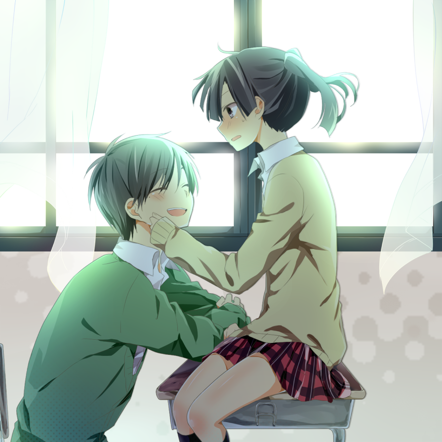 1boy, 1girl, black_eyes, black_hair, blush, closed_eyes, curtains, enomoto_takane